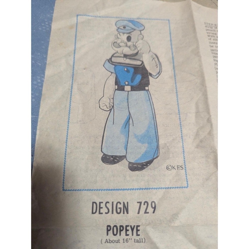 Design 729 Popeye Stuffed Doll Sewing Pattern 16 Inch Tall Vintage Good DIY Toy